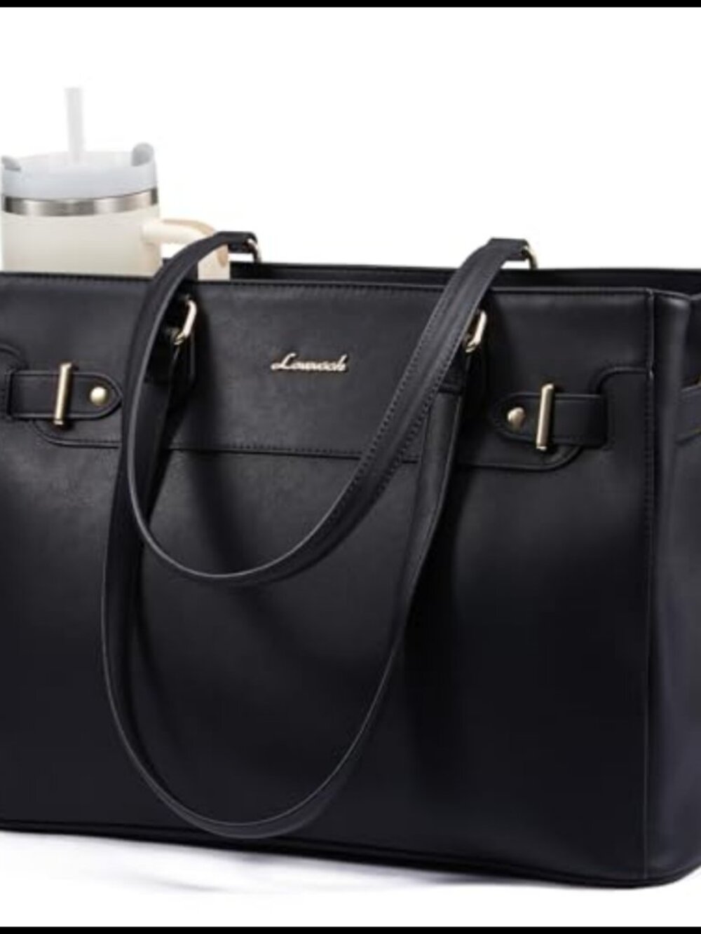 PU Leather Laptop Tote Bag with Cup Holder, Waterproof Work Bag for Women